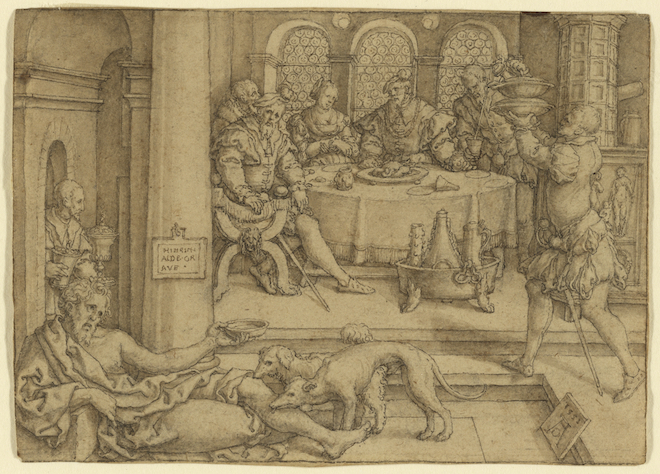 Lazarus Begging for Crumbs from Dives's Table (Heinrich Aldegrever, 1552)